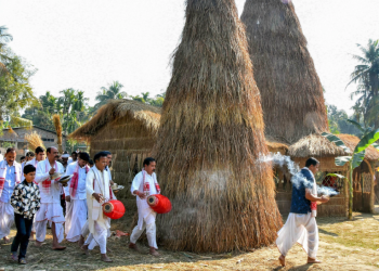 Assam : Bhogali Bihu celebrated  by Burning CAA Copies in Bonfires