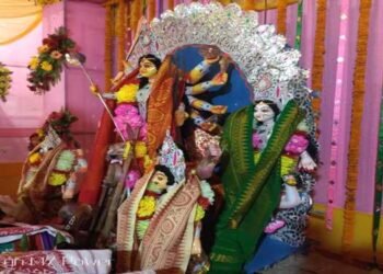 Assam : Ma Durga  in  traditional  Bodo Aronai & Gamosa