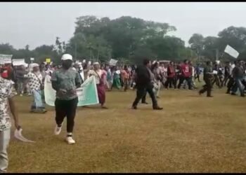 Protest rally in Williamnagar on Friday demanding removal of GHADC CEM