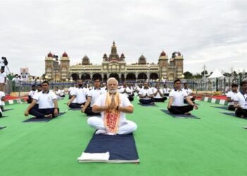 PM Modi  Leads International Yoga Day Celebration in Mysuru
