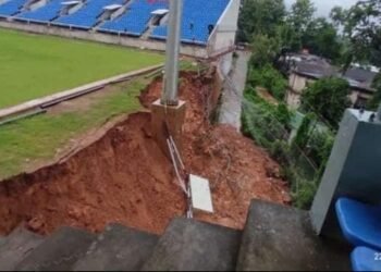 Retaining wall of Late PA Sangma Football stadium collapses